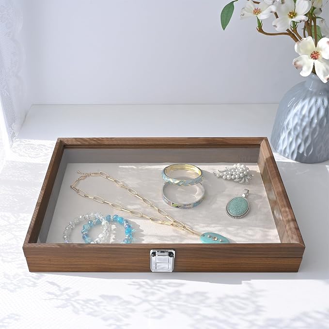 MOOCA Jewelry Display Case, Display Case Accessories Storage Box with Tempered Glass Hinge Lid, Jewelry Tray for Collectibles, Walnut Color, 14.1W x 10.2D x 2.1H in