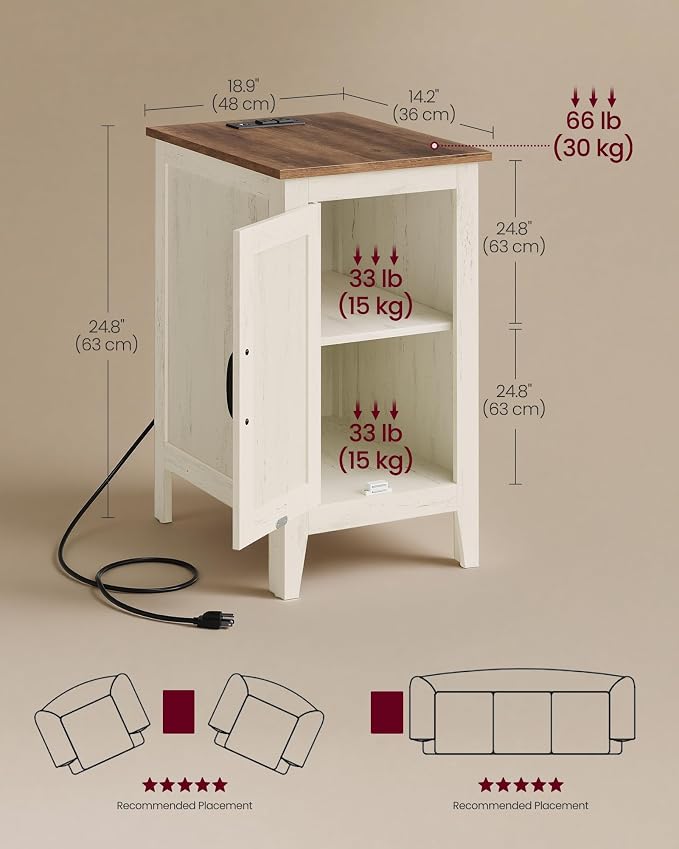 VASAGLE Side Table with Charging Station and Storage Cabinet, Nightstand | Farmhouse Narrow End Bedside Table for Living Room Bedroom Office, Rustic White and Honey Brown, LIRY Collection ULET131W101S