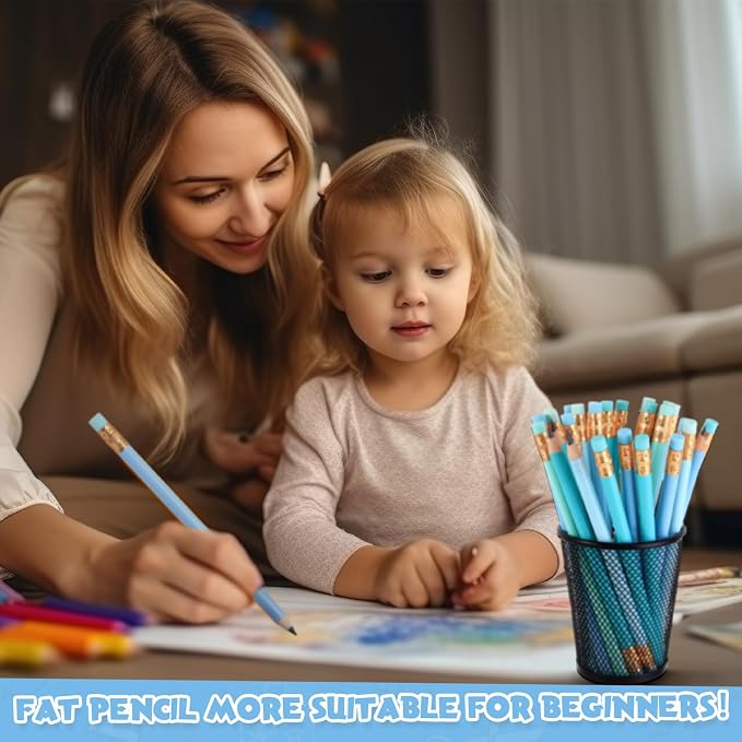 Fainne 48 Pcs Large Pencils 3 Sharpeners,Turquoise Blue Series,Round