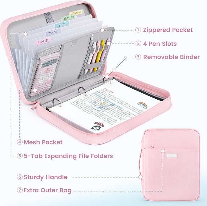 Sooez Zipper Binder Bag, 1.5 Inch Binders 3 Ring O-Ring, 5-Tab Dividers | Expanding File Folder, 650-Sheet Capacity Paper Organizer, Cute Organizer Storage for Student School Classroom Supplies, Pink