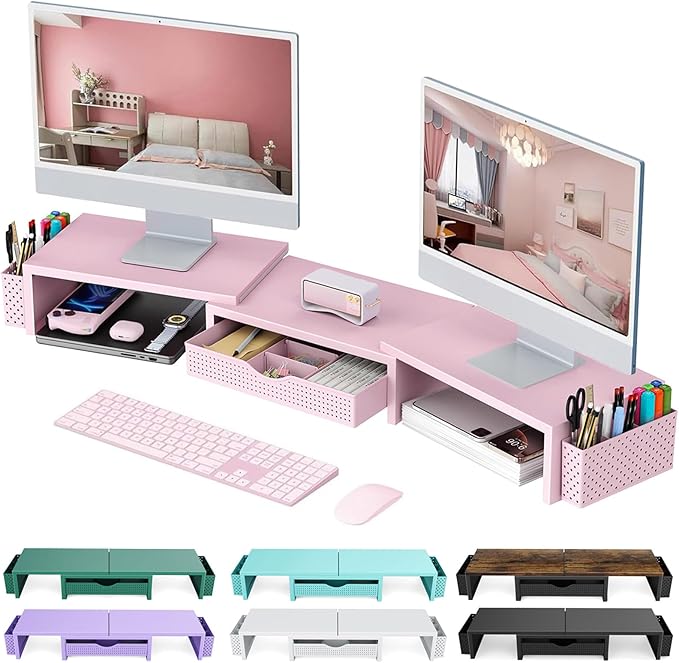 gianotter Dual Monitor Stand Riser With Drawer and 2 Pen Holders | Computer Monitor Stand Desk Organizer and Accessories Desk Shelf for Top of Desk (Pink)