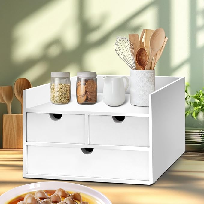 Charmewooden Bamboo Desk Organizer 3 Drawer with Shelf, Countertop Organizer with Drawers Makeup Storage Drawer 3 Drawers Tabletop Storage Organization Box Home Office Workspace（White）