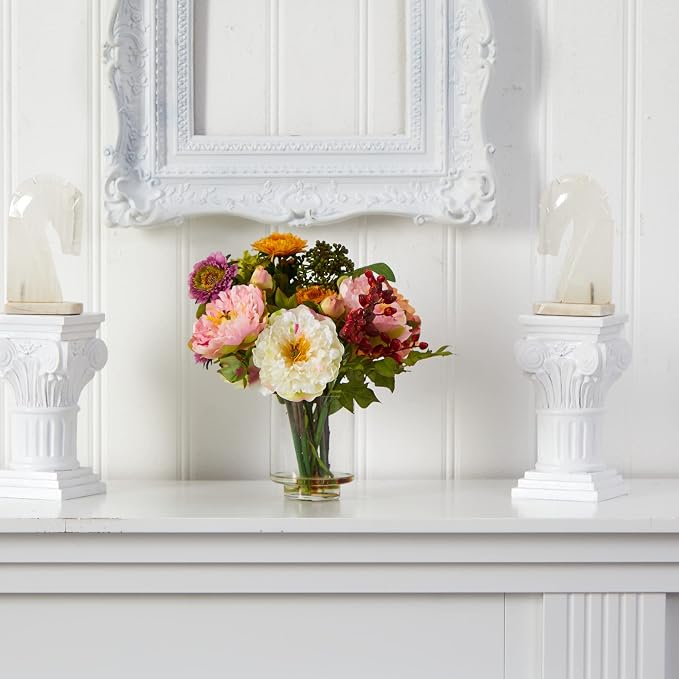 Nearly Natural 10 in Artificial Peony Arrangement in Glass Vase | Mixed Peony Faux Flower Blooms, Liquid Illusion Water in Glass Vase, Mini Table and Shelf Decor