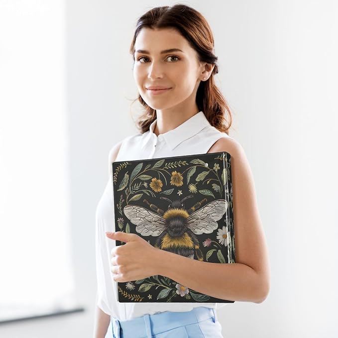 3 Ring Binder Bee Wildflowers 1.5 Inch Three Ring Binder | Cute Binder with 3 Storage Pockets for Women School Office Supplies