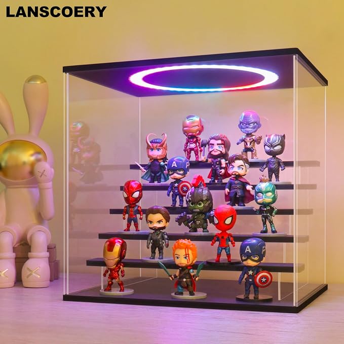 LANSCOERY Acrylic Display Case with RGBW Lights, 6 Tier Black | 15 x 11.8 x 15.8 in case displays small figures on desks or shelves with tiered rows and front access.