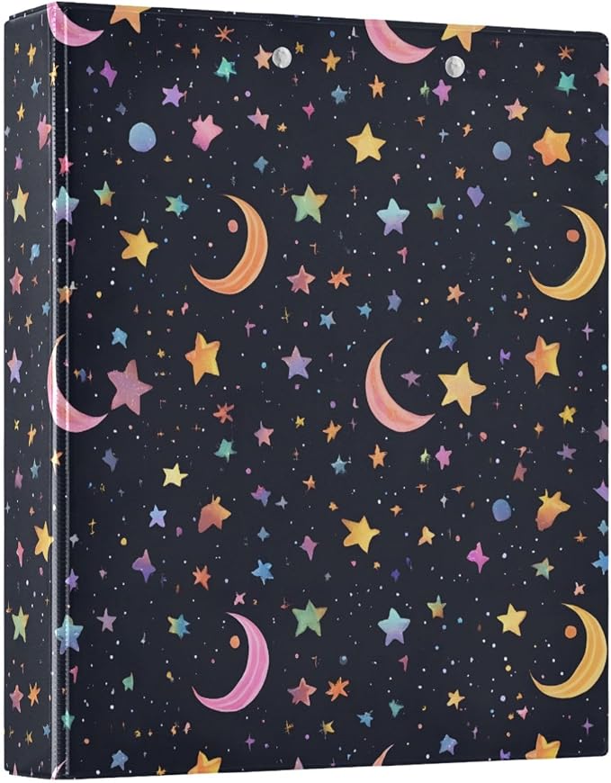 3 Ring Binder Star Moon Black 1.5 inch Binders Three Ring Binders with Clipboard Fit 8.5'' x 11'' Paper 3 Interior PVC Clear Pockets for Office Supplies