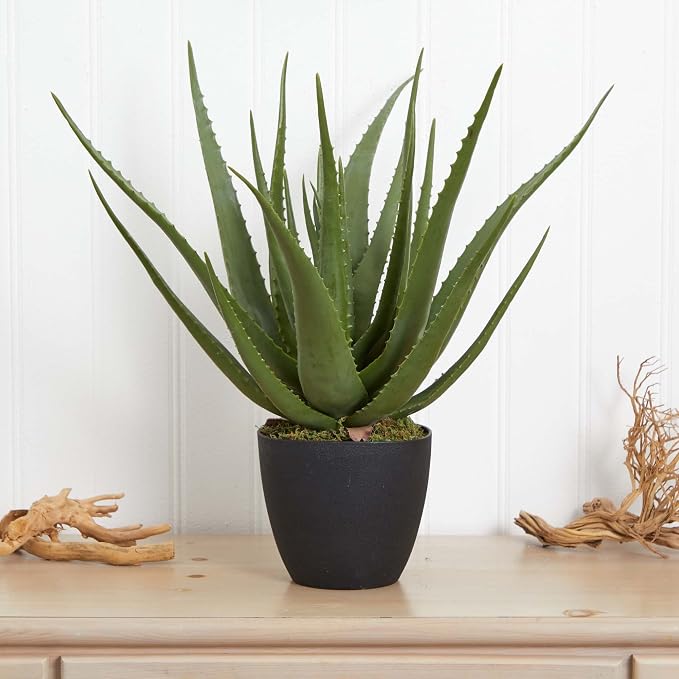 Nearly Natural 26 in Artificial Aloe Plant with Pot Room Decor | 25 Spiky Green Leaves, Nursery Pot Included, Perfect Accent for Bathroom Vanity or Home Office Decor