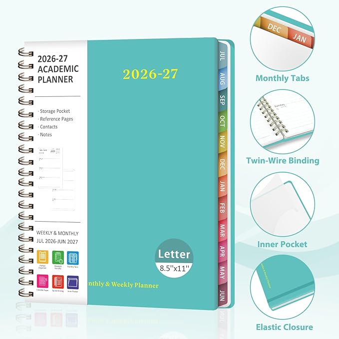 Planner 2026-2027, Weekly and Monthly Academic Year Calendar Planner, July 2026 - June 2027, Daily Agenda Book for Office School Supplies, Letter Size(8.5'' x 11'')