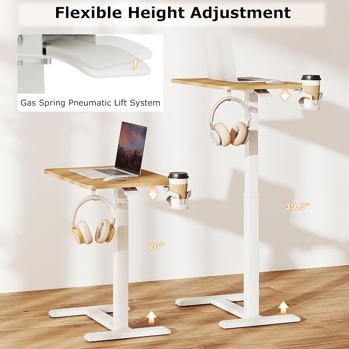 Tangkula Mobile Standing Desk, Pneumatic Height Adjustable Rolling Desk with Cup Holder & Headphone Hook, Overbed Table with Hidden Wheels, Laptop Computer Cart for Couch, Home, Office (Natural)
