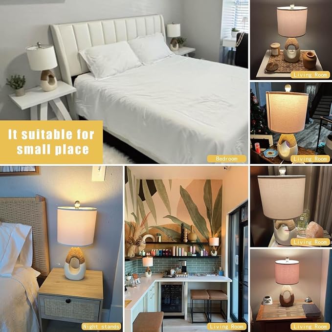 19” Boho Table Lamps Bedroom Living Room,Suitable for Small Space,Farmhouse Rattan Lamp Rustic Egg Design Resin Nightstand Bedside Lamps for Bedroom Living Room Office Study Rest Decor