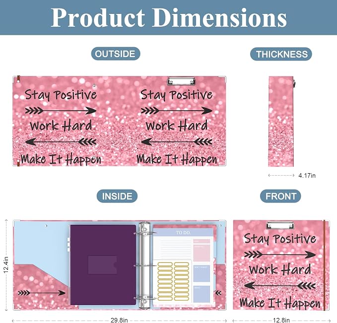 3 Ring Binder, 3 Inches Round Ring Binder with Clipboard, Dividers Tabs, PVC Zipper Bag Sleeves & to Do List Planners for Women, Men, School, Office Supplies, Work Hard
