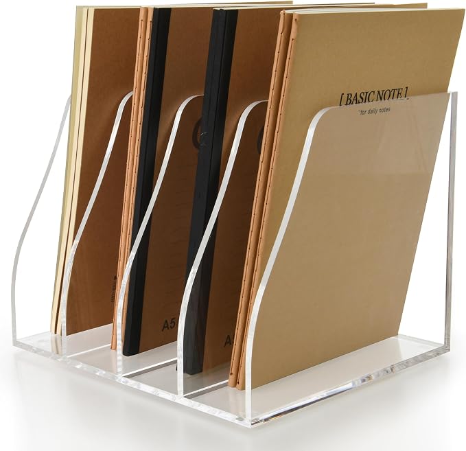 Acrylic Magazine File Holder, 4 Vertical Compartments Desk Document Sorter Organizer, Clear Folder Rack Binder for Office/Home/Classroom, for Documents, Tablet, Magazines, Books & Accessories