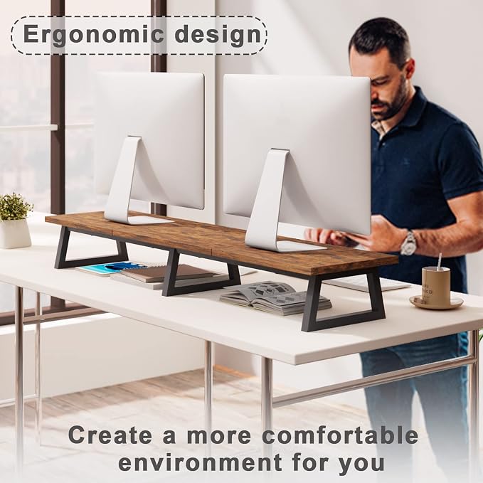 TEAMIX 42 inch Large Dual Monitor Stand Riser,TV Riser,Desk Shelf Organizer | Extra Long Computer Stand, Wood & Steel, Holds 300lbs, Keyboard/PS5/Soundbar Storage Underneath, For Home Office & Gaming
