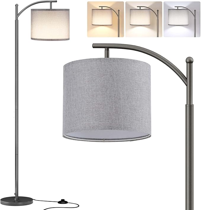 SUNMORY Arc Floor Lamp, Modern Floor Lamp with 9W 3 Color Temperatures Bulb | Metal Standing Lamps with Adjustable Hanging Lampshade, Tall Floor Lamps for Living Room, Bedroom, Office, Gray