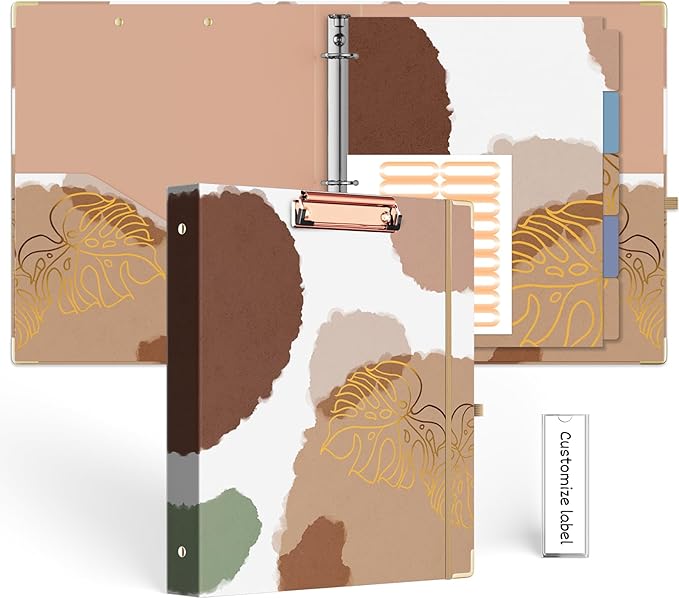 EYROZILL Cute 3 Ring Binders 1 Inch, Binder with Dividers and Clipboard on Front, 8.5" x 11" for Appointment Record，Prescription Tracking, Lesson Plan (Brown Impression)