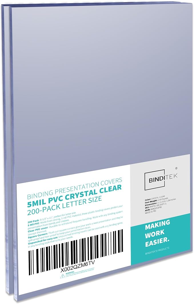 Binditek 5 Mil PVC Binding Covers, 8.5 x 11 Inches, Clear, 200 Pack | Plastic Binding Covers, 8.5" x 11" Letter Size, Clear, Square Corners, Unpunched, Ideal for Business Reports and Proposals