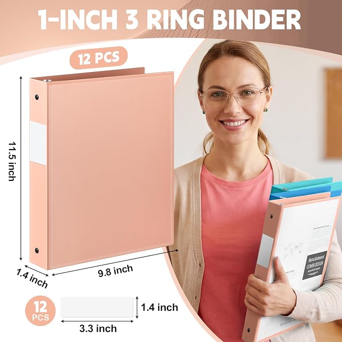 Henoyso 1 Inch 3 Ring Binders with Clear Front Cover and 2 Pockets, Round Ring Binders Fits 8.5'' x 11'' Letter Size Paper for School Office Supplies, 12 Pack (Assorted Vibrant Color)