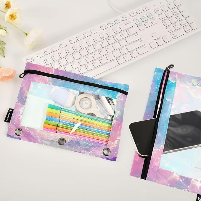 Custom Princess Castle Pink Sky Pencil Pouch for 3 Ring Binder, 2 Pack Personalized Name Waterproof Pencil Bags Clear Window Pencil Case School Office Supplies
