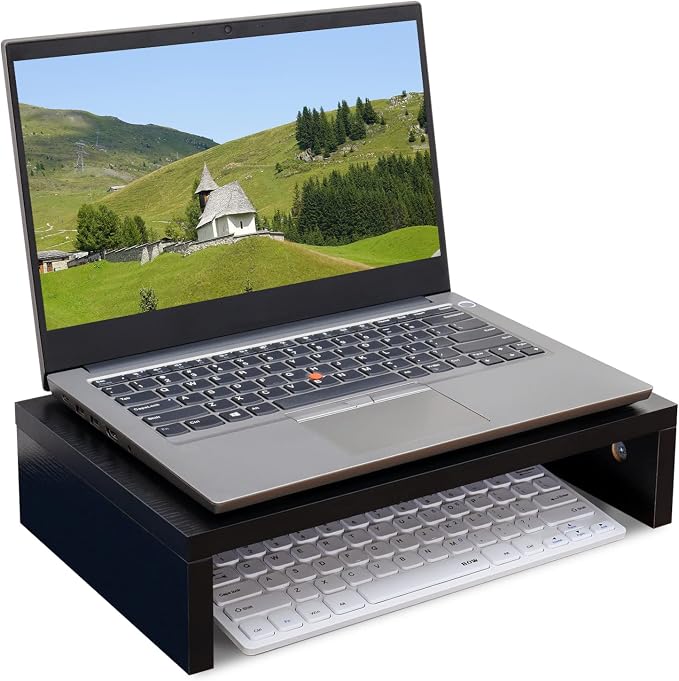 TEAMIX Black Monitor Stand Riser, Wood Desk Organizer for Laptop & Computer | 14.2"L x 9.5"W, Holds 80 lbs, Small Riser with Storage, Ergonomic Minimalist Design, Easy Assembly, For Home Office, Gaming