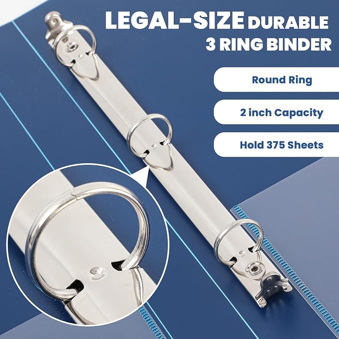 Henoyso 4 Pcs Legal Size Binder 3 Ring 2" Durable Navy Blue Binders for 8.5" x 14" Paper Hold up to 375 Sheets for Documents Artwork Blueprints, Office, Home, Workplaces