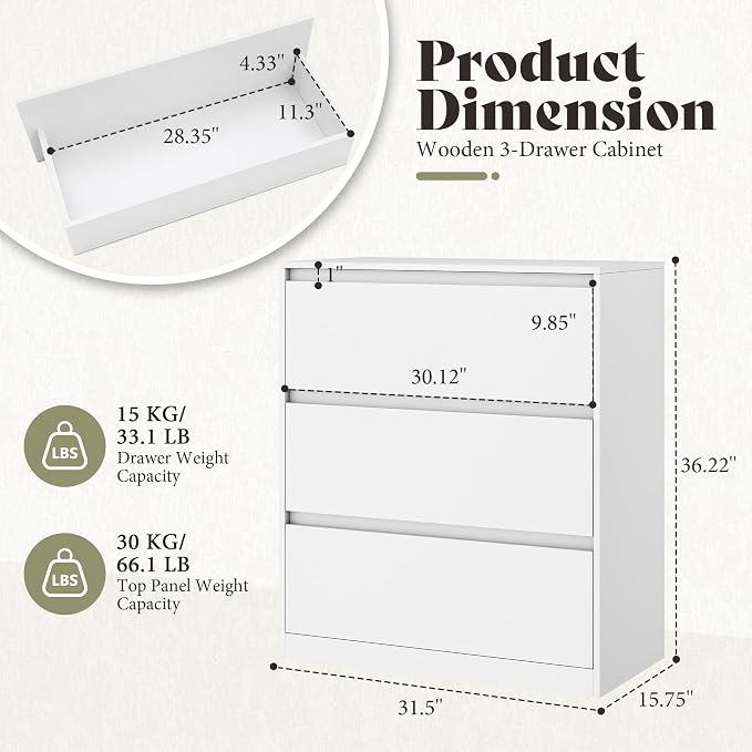AMERLIFE Storage Cabinet with 3 Drawers, 32 x 16 x 36 Inch | 3-Tier Storage Case and Modern Display Shelf for Collectibles, White