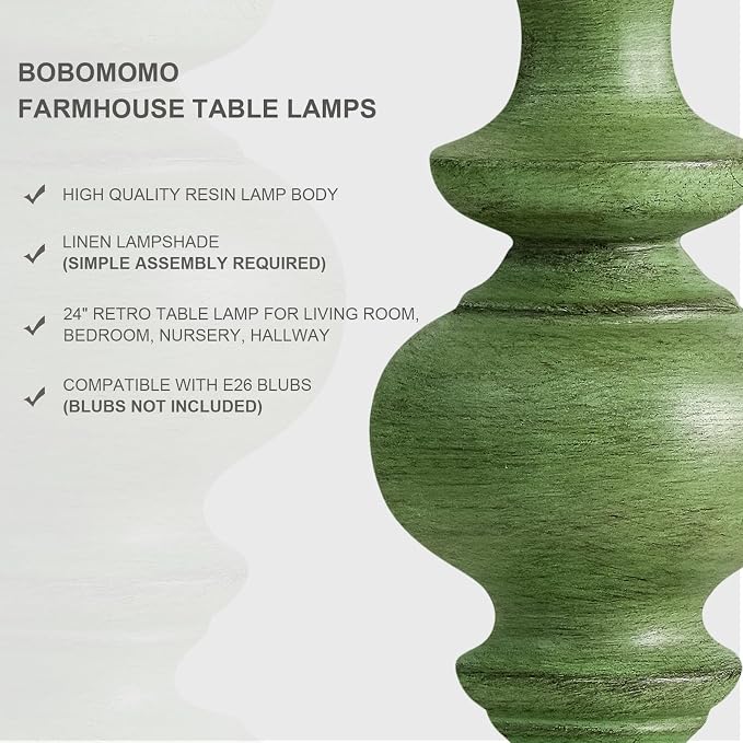 BOBOMOMO 24" Farmhouse Table Lamps Set of 2 – Sage Green Bedside Lamps with Linen Shades, Medium Traditional Lamps for Living Room, Bedroom, and Entryway, Vintage Lamp with Soft Natural Serenity