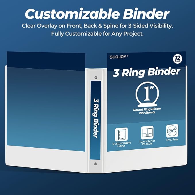 1 Inch 3 Ring Binders 24 Pack, Clear View Binder Bulk, White PVC-Free 3-Ring Binders for School, Office or Home, Fits 8.5 x 11 Inches Paper