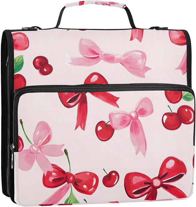 Cherries Bows Pattern Zipper Binder 3 Ring Binder with Shoulder Strap 500 Sheet Capacity Storage Organizer File Folder