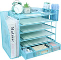 Desk Organizers and Accessories with File Holder, 6-Tier Paper Letter Tray Organiser with Drawer and 2 Pen Holder, Mesh Desktop Document Organizer for Office Supplies, Workspace - Blue