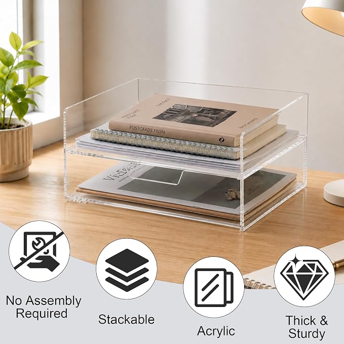 2-Tier Paper Tray Organizer with Drawer - Stackable Acrylic Desk Organizer | clear document sorter, vertical file holders, letter storage, workspace accessories, home, office, school, teachers, students