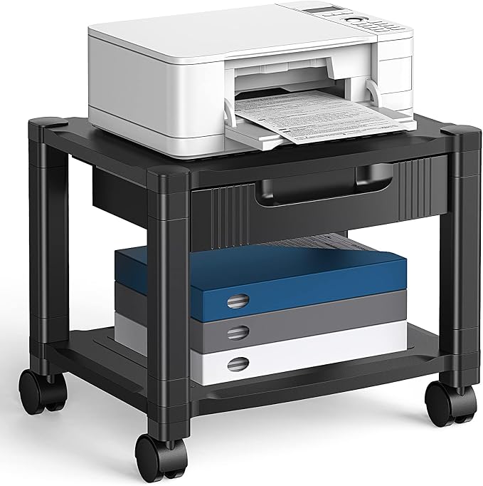 HUANUO Printer Stand with Cable Management and Storage Drawer, Printer Table with Locking Wheels, 14.1-inch Maximum Height Printer Cart for Under Desk, Home, Office, HNDPS | Cable management, 17.2 x 13.2 inch top shelf, adjustable height, 38.5 lbs capa...