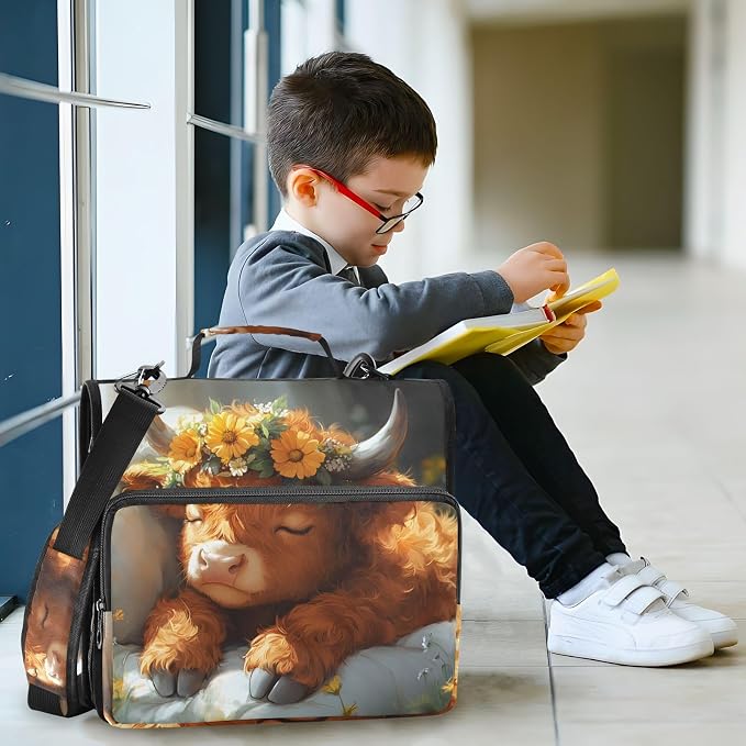 Cute Highland Cow 3 Ring Zipper Binder Bag Binder Organizer with Handle Shoulder Strap for School Work Office Supplies