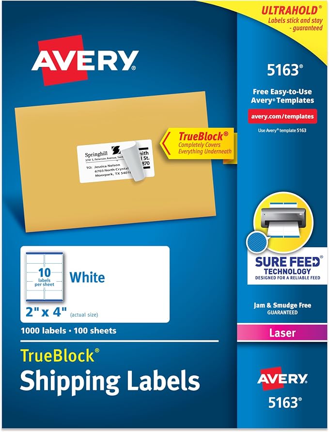 Avery® Printable Shipping Labels, Sure Feed® Technology, 2" x 4" Customizable Stickers, White, 1,000 Blank Mailing Labels, Great for Mailing, Shipping, and More (5163)
