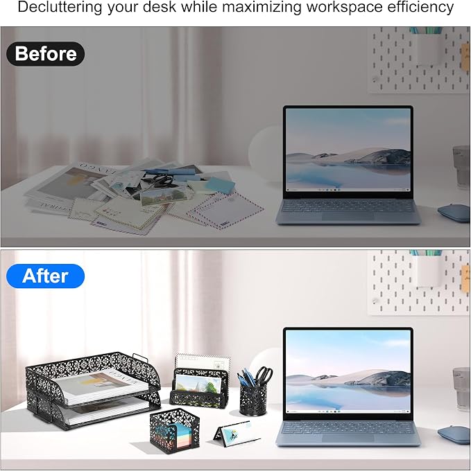 EasyPAG Desk Organizers and Accessories 5 Pieces Office Supplies Set - 2 Tier Paper Tray, Pencil Organizer for Desk, Mail Sorter Countertop, Business Card Holder and Sticky Note Holder, Black