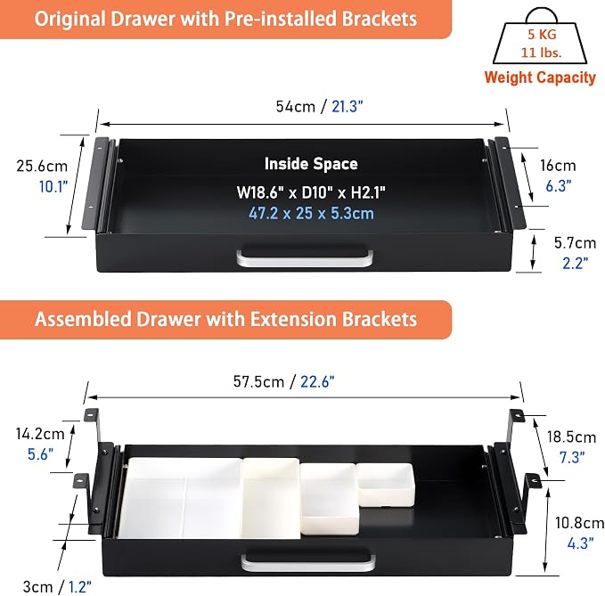 Under Desk Drawer 21" with 4 Divider Trays, Storage Drawer Organizer | Black, Under Counter, Desk Accessory, Attachable for Workbench, Adjustable Brackets, for Desk Lip with Crossbar, Clamp Mount