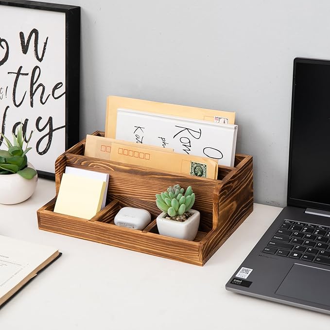 Rustic Brown Wood Mail Organizer Stationery Sorter Letter Holder Office Supply Storage Caddy 2 Slots 3 Trays Desktop Envelope Document Notepad Countertop Daily Accessories Table Home Entryway