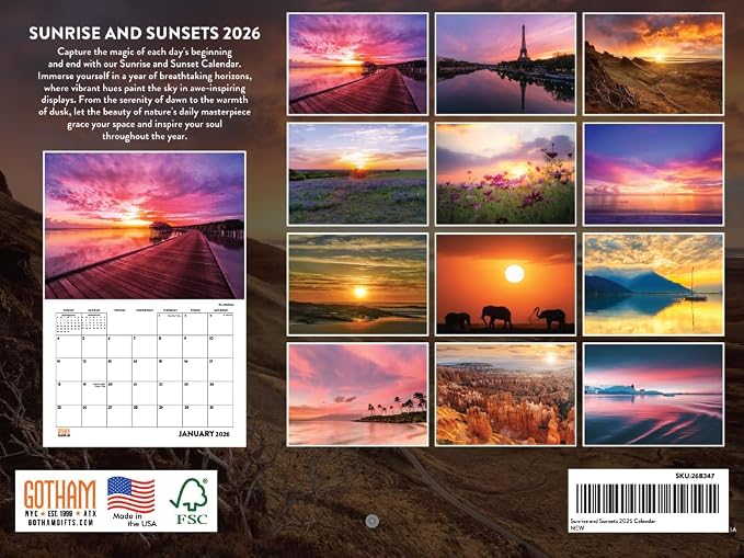 Sunrise and Sunset Calendar 2026 Monthly Wall Calender 12 Month | American Made In The USA