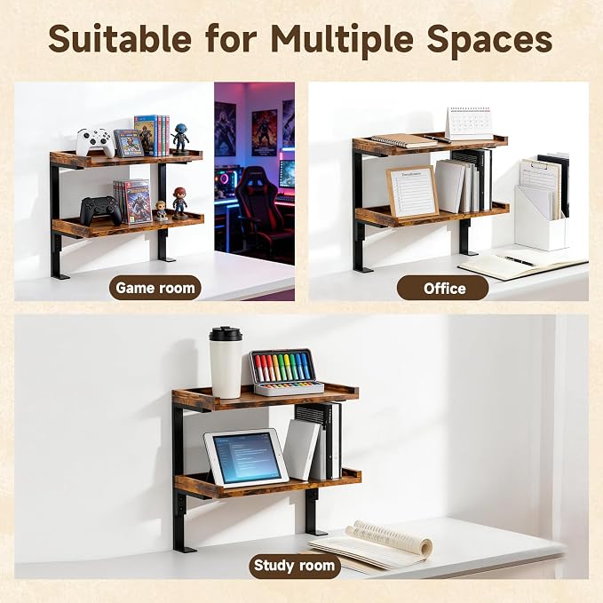 Clamp on Desk Shelf,2-Tier Office Desk Shelves Organizer, Expandable Under Desktop Storage,Wood Desktop Storage Rack for Home Workspace, Study Rooms,Gaming Devices (Brown)
