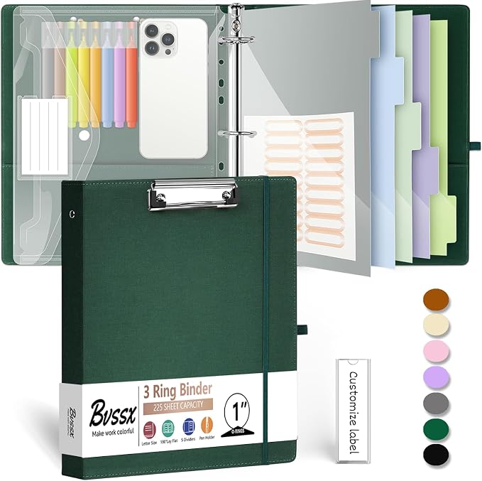 1 Inch 3 Ring Linen Binder Organizer, BVSSX Three Ring Binders with Clipboard, Plastic Folder, 5-Tabs Pocket Dividers with Sticker Labels, Pen Loop, Elastic Strap (Green,Letter Size)
