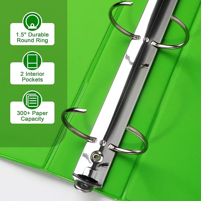 CIXILDTS 1.5-inch Round Ring Binder, Durable 1-1/2" 3 Ring Binder Fit Letter Size Paper, Green, 6-Pack