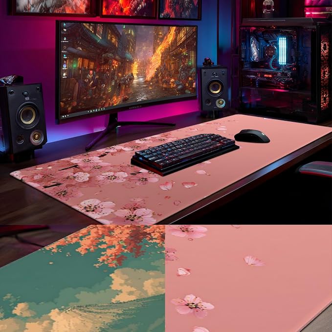31.5x15.7 Inch Cherry Blossom Japanese Mouse Pad, Large Extended Desk Mat | Pink Double-Sided Design with Stitched Edges, Waterproof Non-Slip Keyboard Mouse Pad for Gaming, Office & Laptop Setup