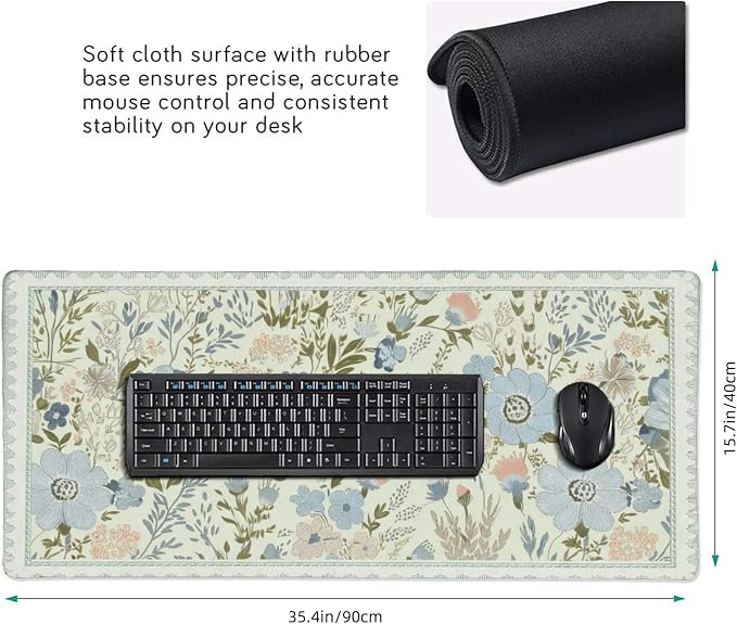 Sage Green Floral XXL Desk Pad, Extra Large Mouse Pad with Anti-Slip Base & Stitched Edges, Desk Mat for Keyboard and Mouse, Aesthetic Office Decor & Desk Accessories for Women, Home & Office