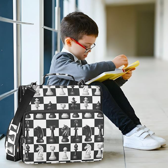 Chess Checkered Plaid 3 Ring Binder Bag 1.5 inch Binder Organizer with Zipper Shoulder Strap 500 Sheet Documents Storage for School Office