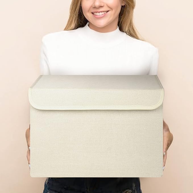 Bagnizer Large 22 Quart [4-Pack] Linen Fabric Foldable Storage Bin Cube Organizer Basket with Flip-Top Lid & Handles, Clothes Blanket Box for Home, Office, Closet (14.6 x 9.5 x 9.5, Beige)