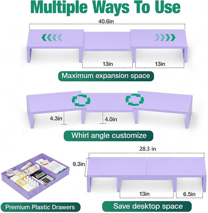 Dual Computer Monitor Stand Riser, Desk Organizer with Drawer, Office Desk Accessories & Workspace Organizers for Home Office Supplies, Purple