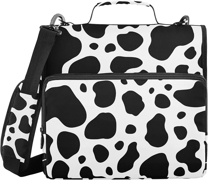 Fisyme Cow Print Zipper Binder 3 Ring with Zipper and Shoulder Strap Large Capacity Multi-Pocket Binder Organizer