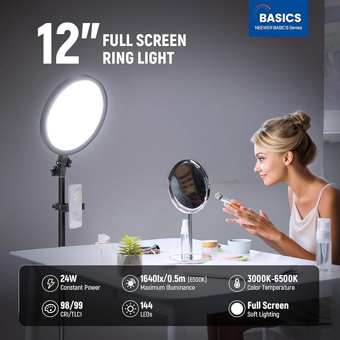 NEEWER Basics 12" 24W Large Ring Light w 68" Stand/Phone Holder for iPhone | Remote, Video Recording Selfie Streaming Makeup Studio Photography, 3000K-6500K CRI98 Full Screen LED Panel Lighting, BR13