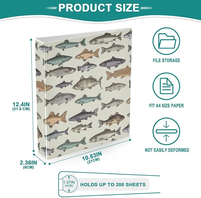 Aslsiy 3 Ring Binder 1.5 Inch Fish Vintage Color Round Clipboard Binder White Decorative Harcover Binders Organizer for Office Supplies