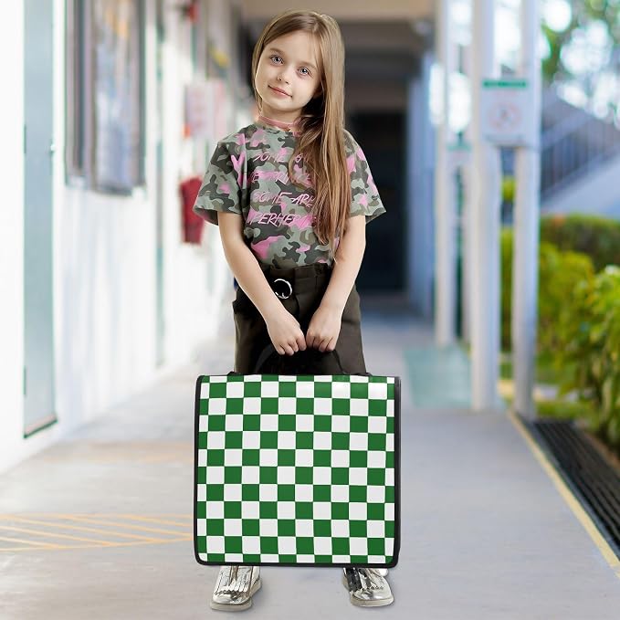 Dark Green White Checkered 3 Ring Zipper Binder with Handle 1.5 inch Binder Organizer, Multi Pockets Office File Folder with Shoulder Strap 500 Sheet Capacity