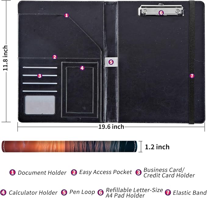 Padfolio/Portfolio Folder Clipboard,Padfolio Clipboard,Writing Portfolio Leather with Cover for Card Holder Slot Letter Size A4 for Office Conference Notepad Clip Boards,Dolphins Jumping at Dusk